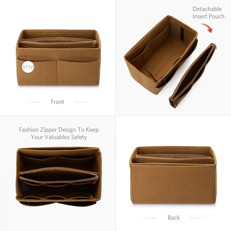 ETTP Purse Organizer Insert, Felt Tote Organizer Insert With Metal Zipper, Handbag Organizer For Speedy, Neverfull, Tote, Handbag, 7 Colors 5 Sizes (Large, Coffee) - Image 5